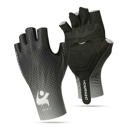 Stylish black half-finger cycling gloves, unisex, with features for grip and impact reduction.