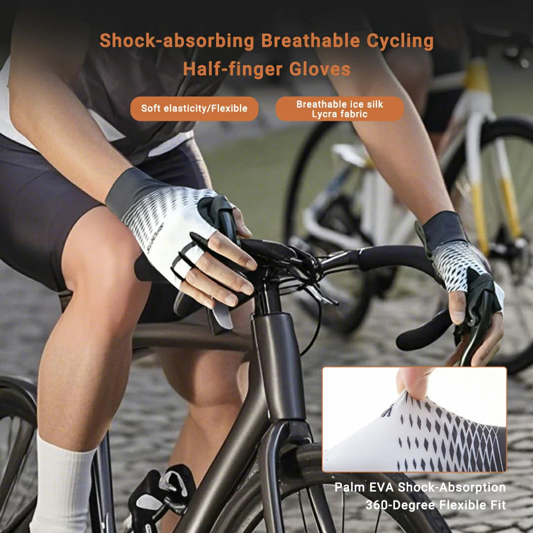 Black unisex half-finger cycling gloves with padded palm for shock absorption and firm grip.