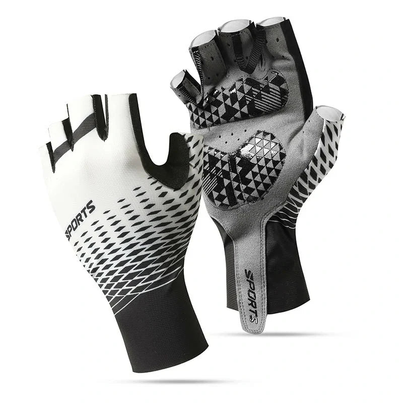 Half-finger cycling gloves, unisex, black, providing superior shock absorption and tactile grip.