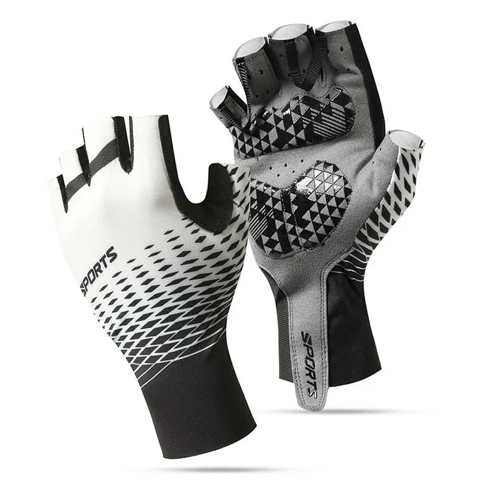Half-finger cycling gloves, unisex, black, providing superior shock absorption and tactile grip.