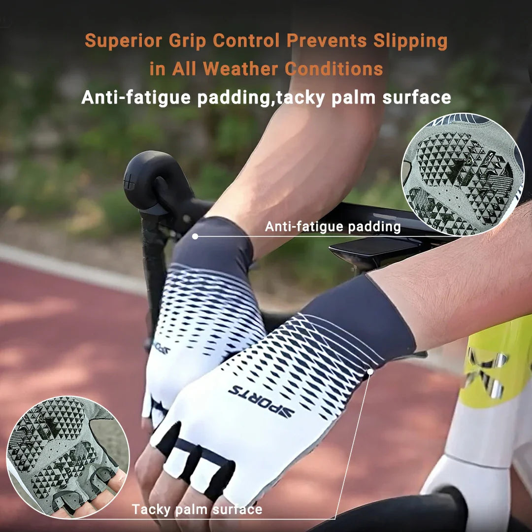 Close-up of shock absorbing half-finger cycling gloves, perfect for biking and hiking.