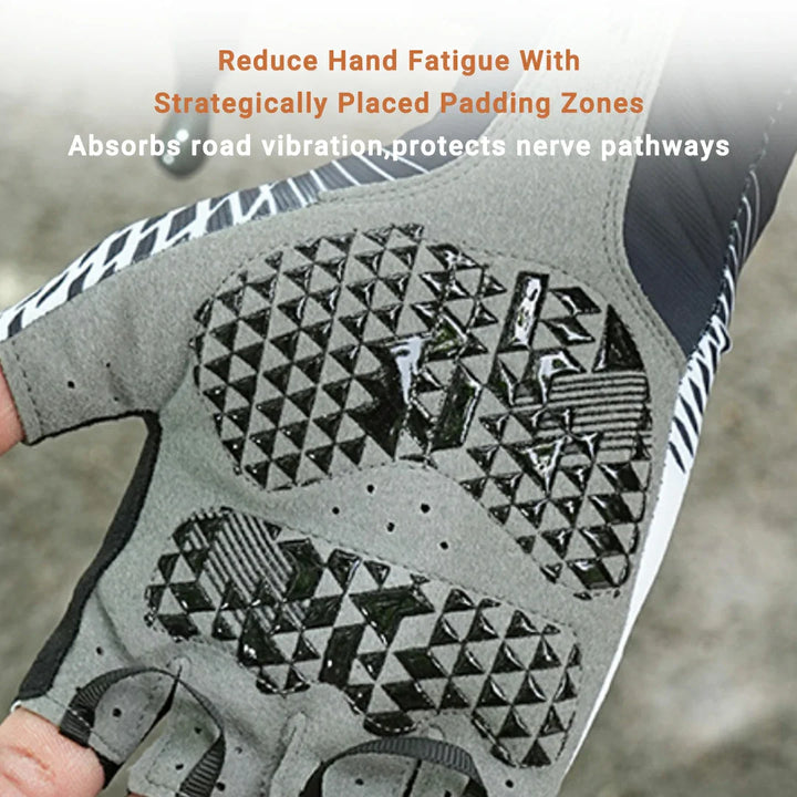 Cycling gloves (half-finger), black, offering excellent shock absorption for long rides.