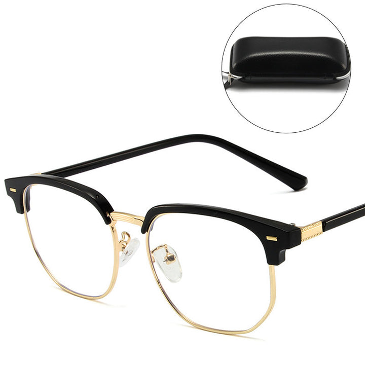 Unisex half-rim blue light blocking glasses for digital eye strain and screen protection.