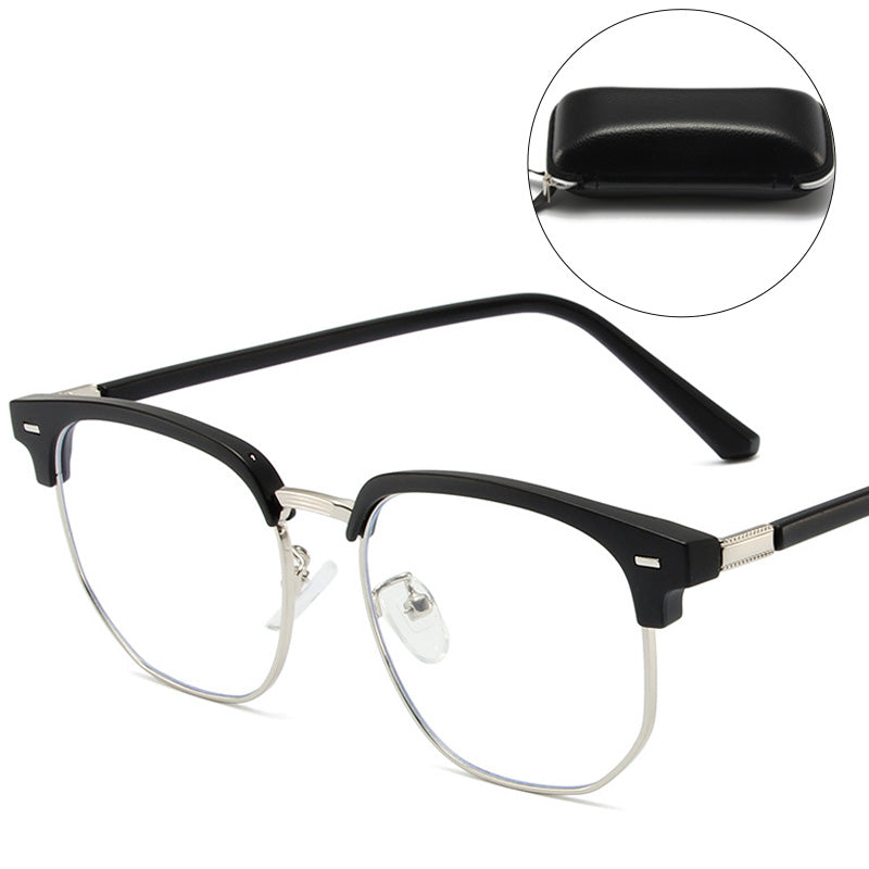 Stylish unisex half-rim blue light blocking computer glasses for digital eye protection and vision care.