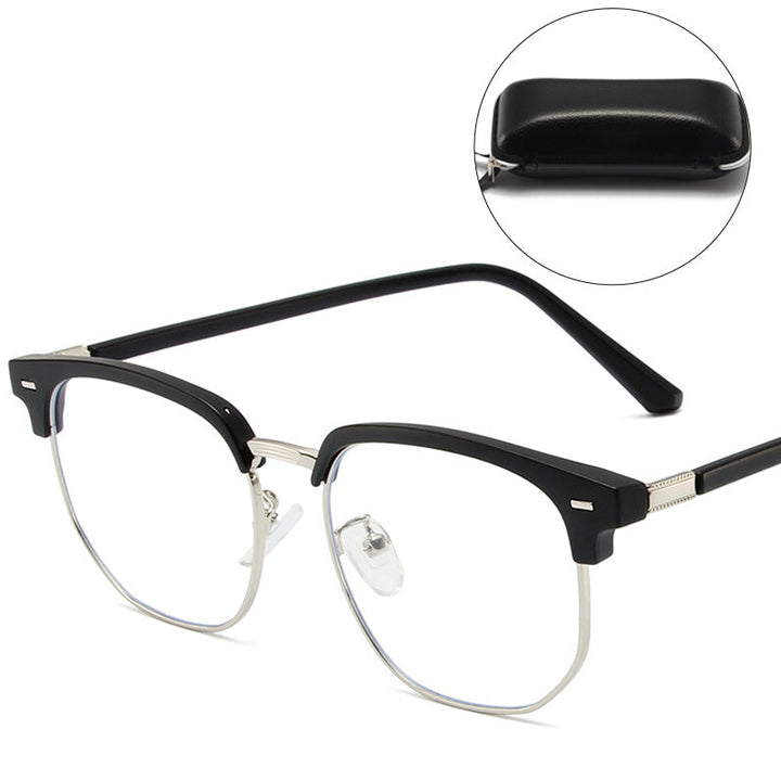 Stylish unisex half-rim blue light blocking computer glasses for digital eye protection and vision care.