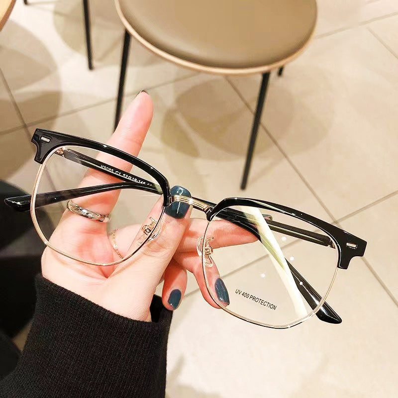 Stylish unisex half-rim computer glasses with blue light blocking for anti-glare vision care.