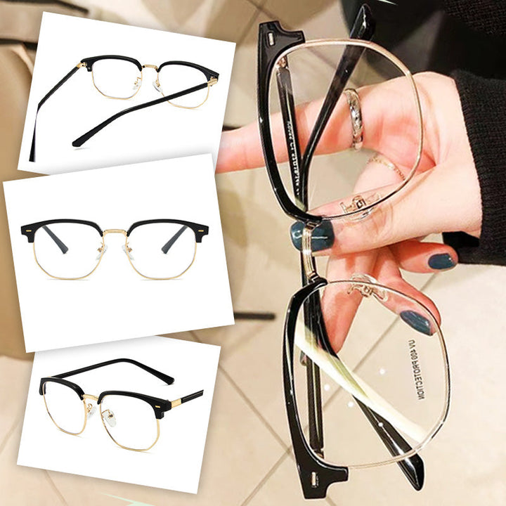 Unisex half-rim anti-glare glasses, designed for digital eye protection and a modern look.