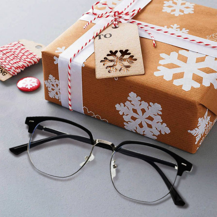 Modern unisex half-rim blue light blocking glasses, essential for anti-glare screen protection.