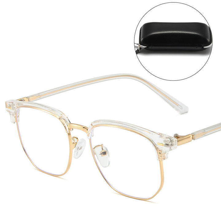 Comfortable unisex half-rim blue light blocking glasses for reducing digital eye strain and enhancing vision.