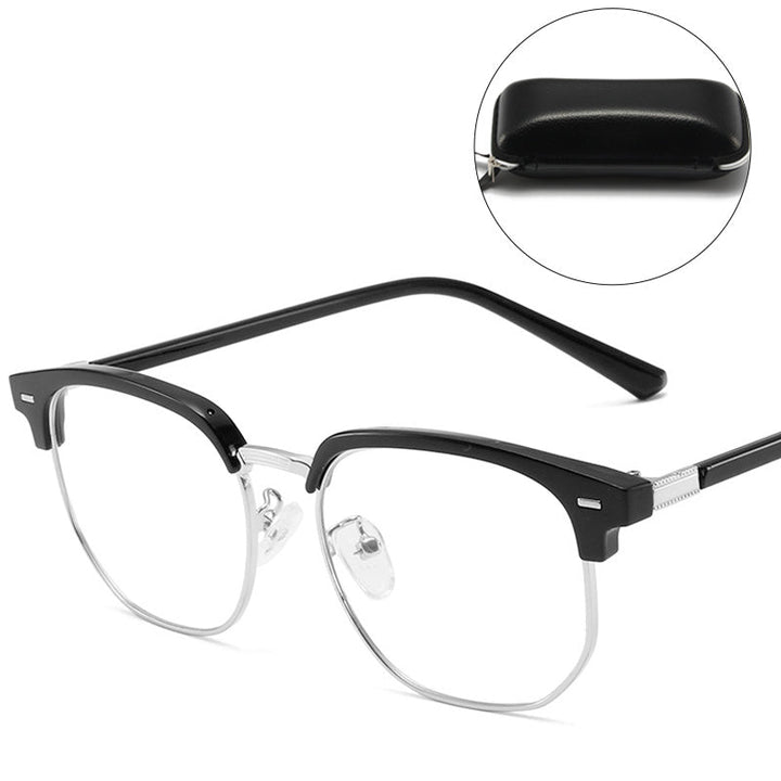 Advanced blue light blocking technology in stylish half-rim glasses for digital eye protection.