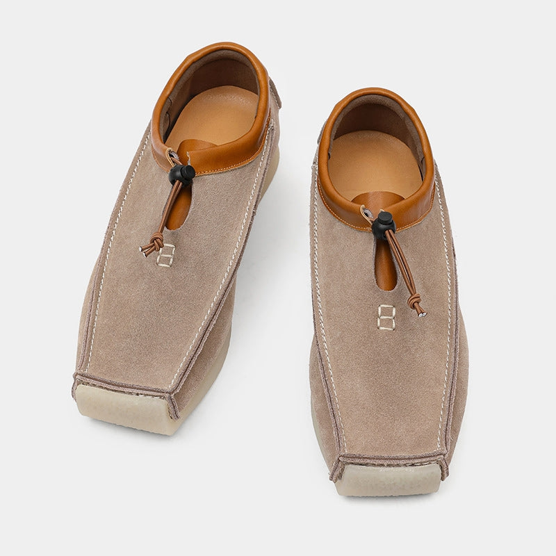 Coffee brown handcrafted loafers, versatile slip-on shoes with drawstring for a stylish casual look.