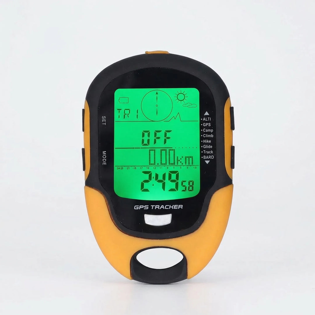 Handheld GPS meter with compass & altimeter for hiking. Unisex outdoor navigation device with thermometer/hygrometer.