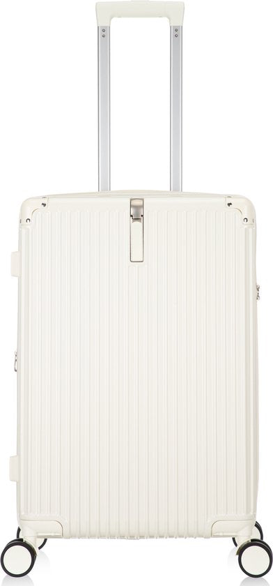 Hard shell smart suitcase with multi-directional spinner wheels, USB port & cup holder for effortless travel.