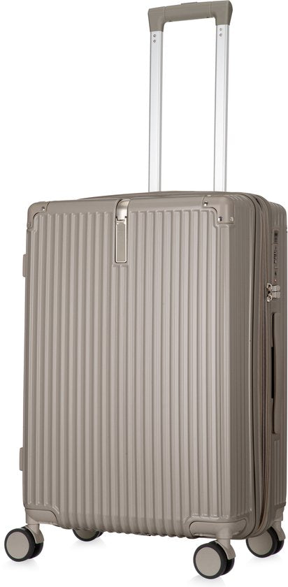 Durable hard shell smart luggage featuring integrated USB port & cup holder, ideal for business & holiday travel.