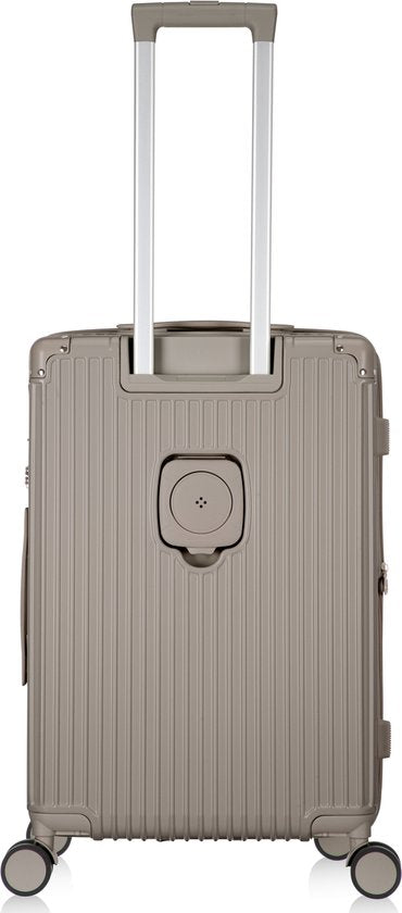 Unisex hard shell carry-on suitcase with USB port, cup holder & 360 spinner wheels, great for short trips.