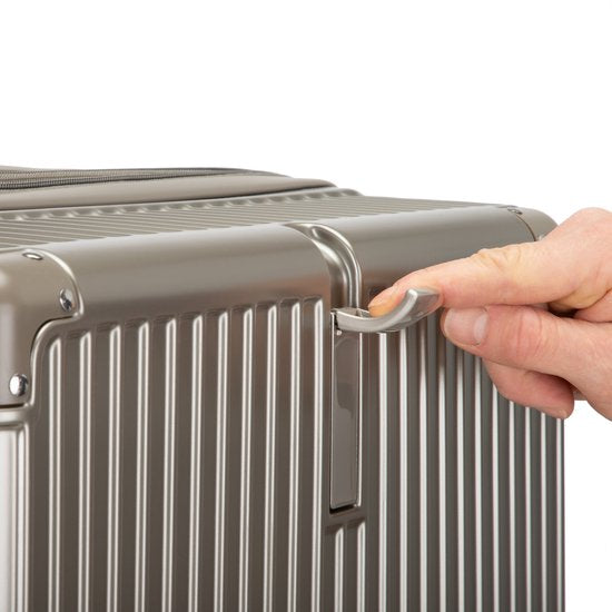 Sleek unisex hard shell smart luggage with built-in USB port & cup holder, designed for modern travelers.