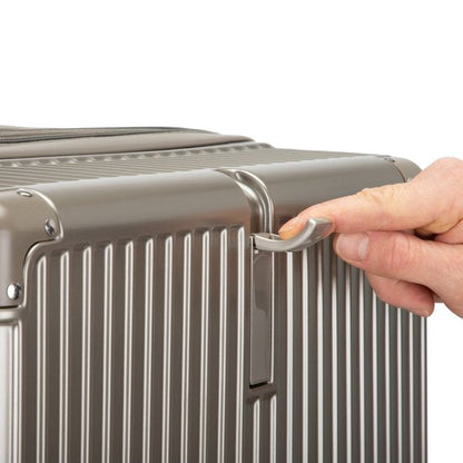 Sleek unisex hard shell smart luggage with built-in USB port & cup holder, designed for modern travelers.
