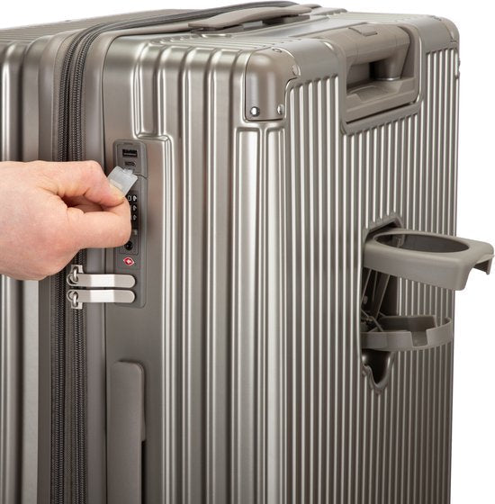 All-in-one smart hard shell suitcase: USB charger, cup holder, spinner wheels, and durable construction.