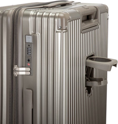 Travel-ready smart hard shell suitcase with USB charging, cup holder & smooth spinner wheels for easy navigation.