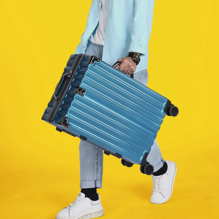 Premium unisex hard shell luggage with aluminum frame, designed for durability and secure global travel.