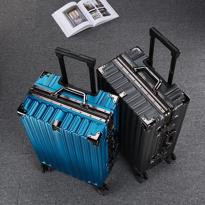Open view of a hard shell travel suitcase, showing spacious interior & packing straps.