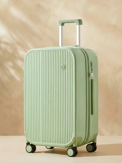 Unisex hard-shell suitcase with integrated cup & phone holders, ideal for organized travel and convenience.