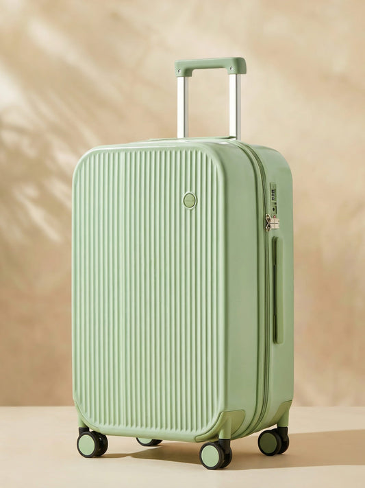 Unisex hard-shell suitcase with integrated cup & phone holders, ideal for organized travel and convenience.
