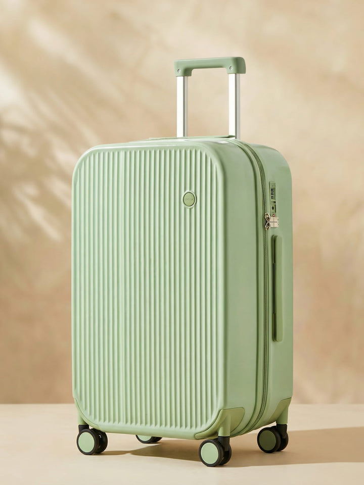 Unisex hard-shell suitcase with integrated cup & phone holders, ideal for organized travel and convenience.