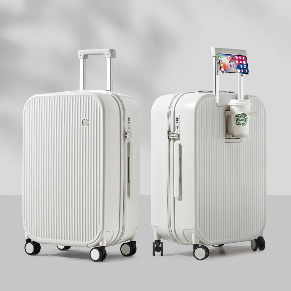 Tough hard-shell luggage for any trip, lightweight yet durable, with external cup & phone holders for convenience.