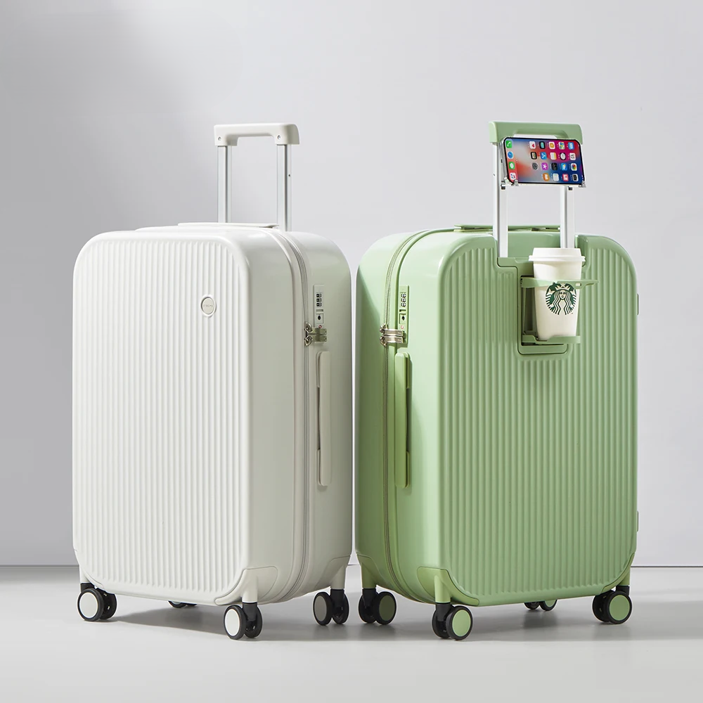 Lightweight hard-shell travel suitcase, perfect for vacations, with built-in cup and phone holders for comfort.
