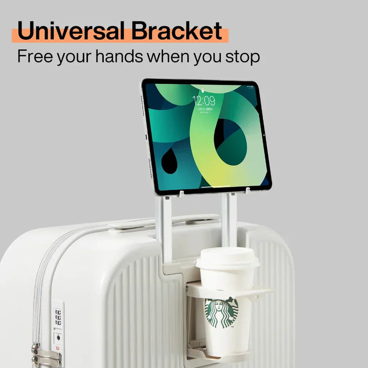Sleek unisex hard-shell suitcase for business trips, includes practical cup & phone holders for on-the-go ease.