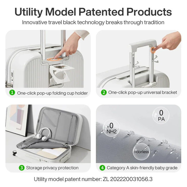 Easy-rolling hard-shell luggage with spinner wheels, featuring essential cup & phone holders for modern travelers.