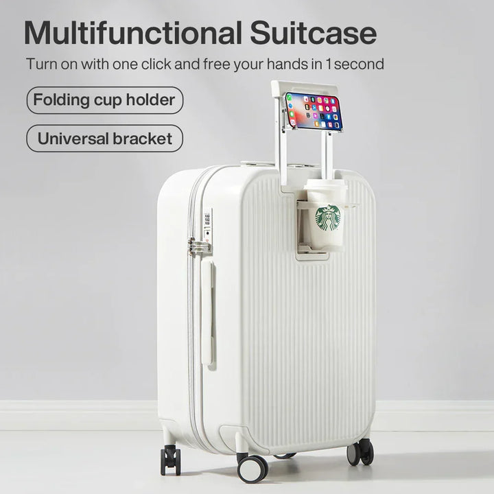 Modern hard-shell suitcase, compact design with integrated cup & phone holders for hands-free travel.