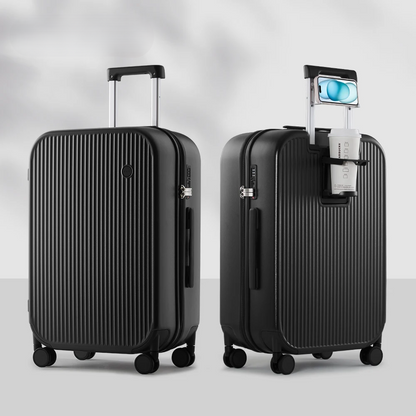 Smart hard-shell suitcase for organized packing, with external cup & phone holders, a travel essential.