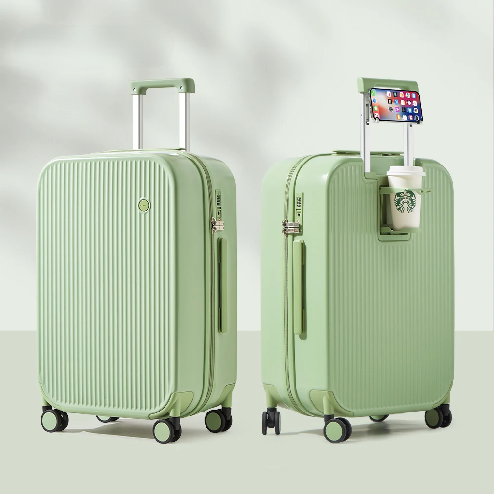 Reliable unisex hard-shell travel gear, lightweight & durable, with accessible cup & phone holders.