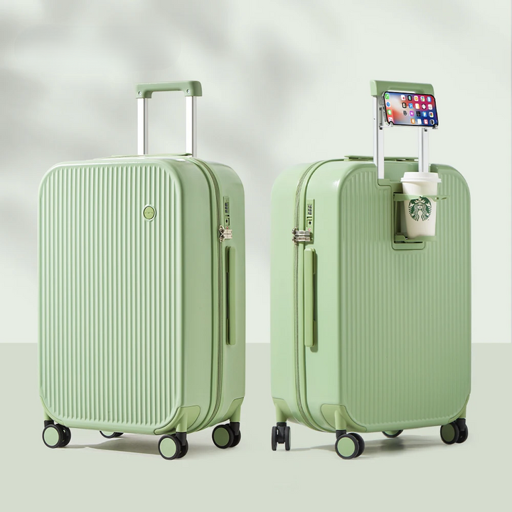 Reliable unisex hard-shell travel gear, lightweight & durable, with accessible cup & phone holders.