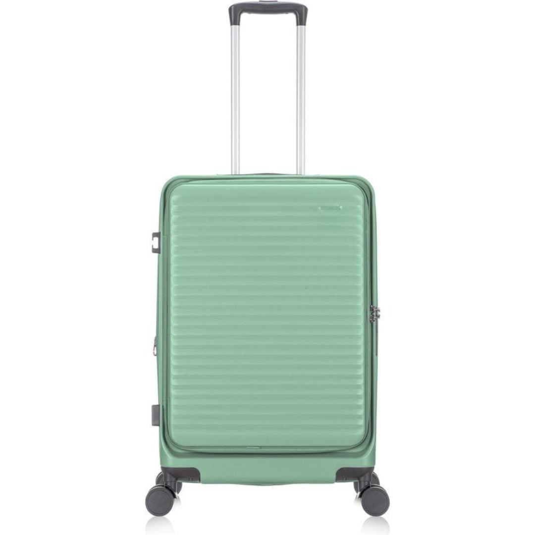 Unisex hard-shell travel suitcase with integrated laptop compartment, perfect for business or vacation travel.