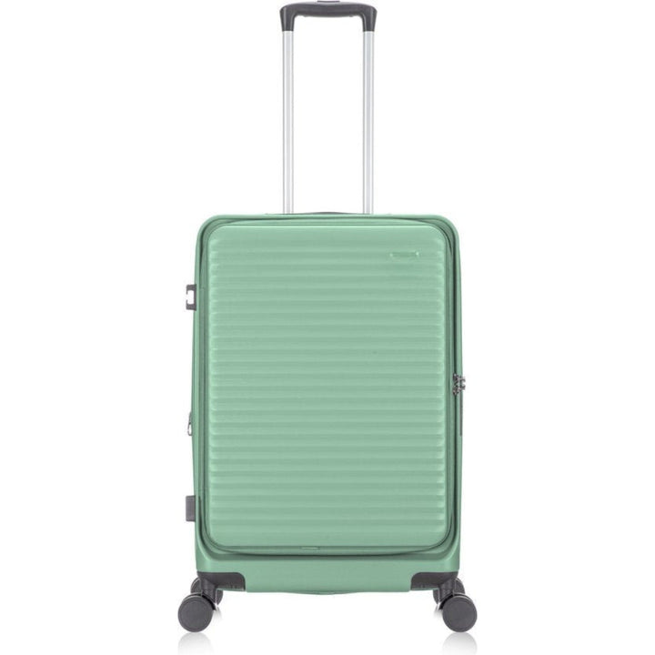 Unisex hard-shell travel suitcase with integrated laptop compartment, perfect for business or vacation travel.