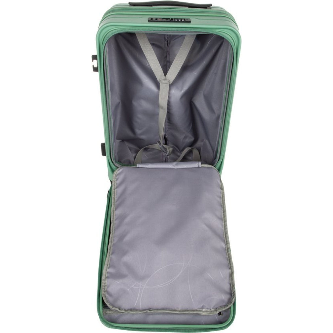 Modern hard-shell travel suitcase with laptop compartment, TSA lock, spinner wheels, and expandable design.