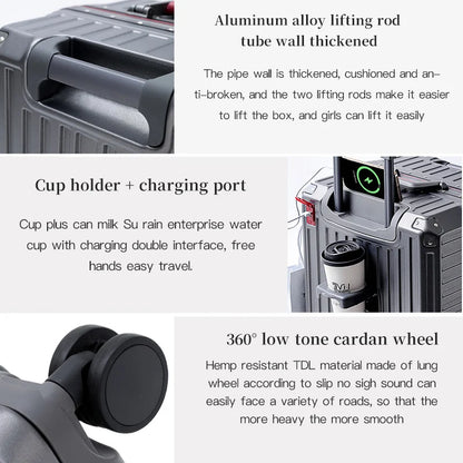Modern cabin size travel suitcase, wide grip handle, smooth spinner wheels, great for organization.