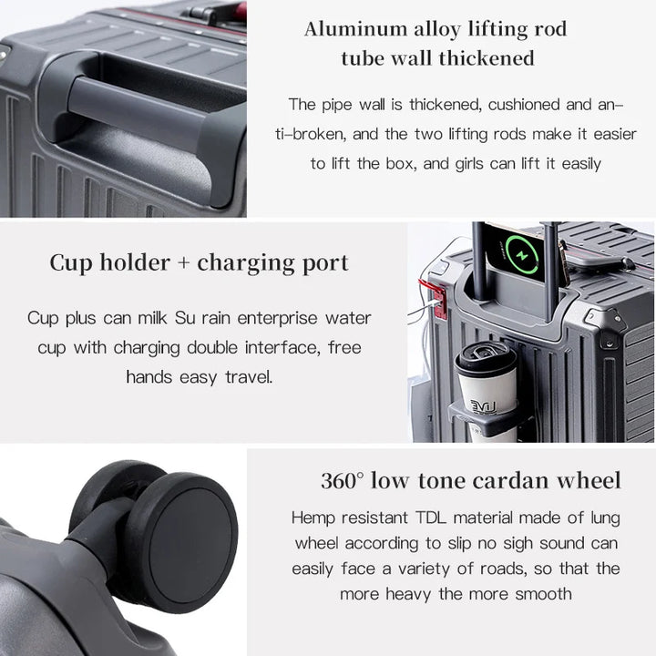 Modern cabin size travel suitcase, wide grip handle, smooth spinner wheels, great for organization.