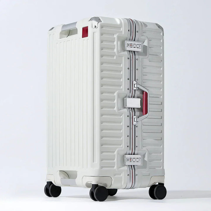 Sleek hard shell travel luggage, wide grip handle, spinner wheels, ideal for modern business trips.