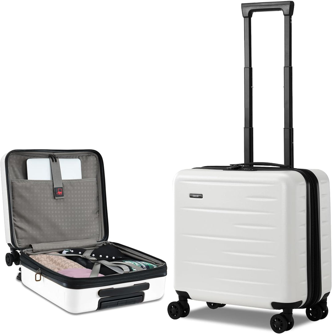Convenient hardshell carry-on suitcase with front pocket, TSA lock & smooth-rolling spinner wheels.