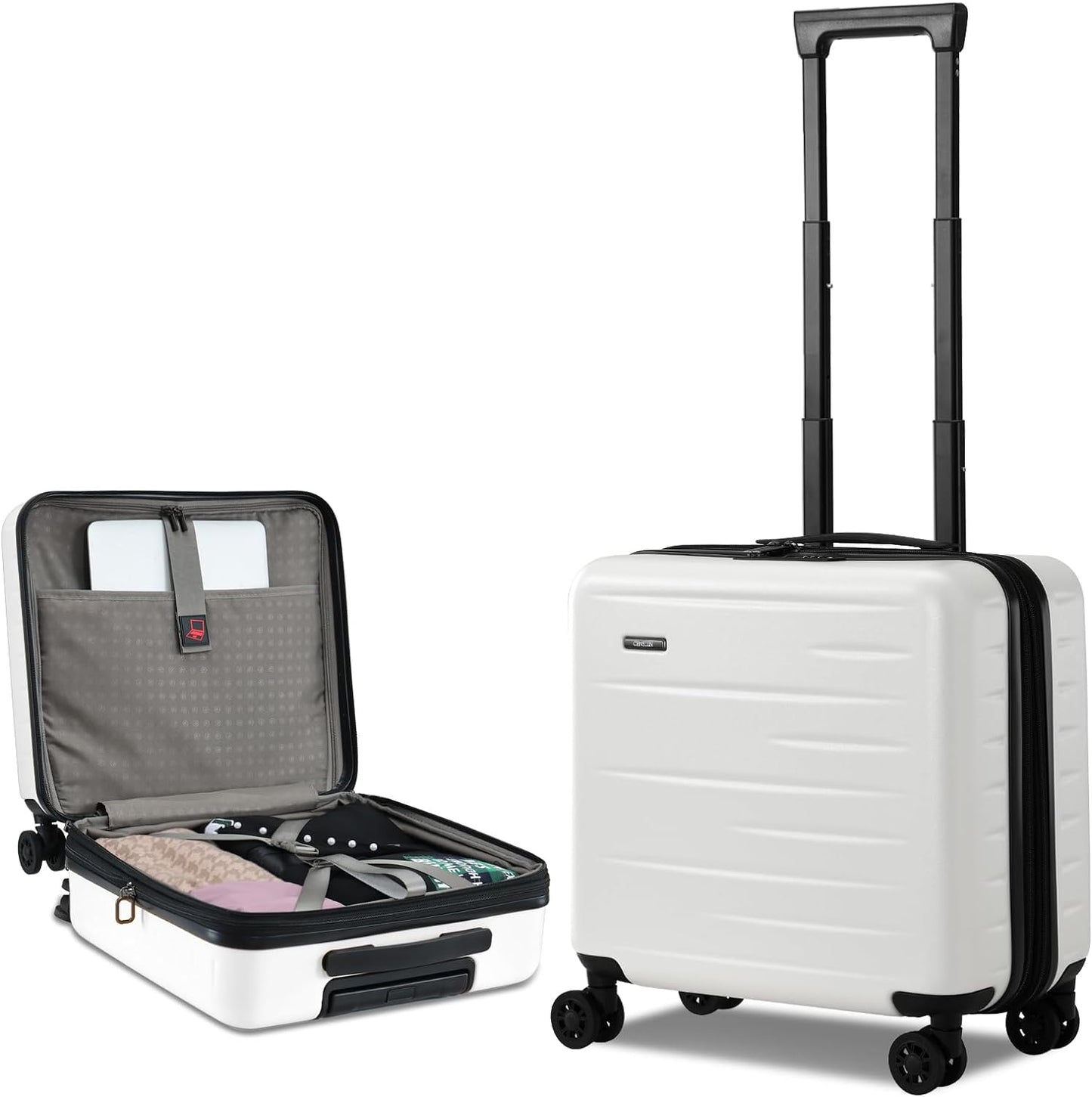 Convenient hardshell carry-on suitcase with front pocket, TSA lock & smooth-rolling spinner wheels.