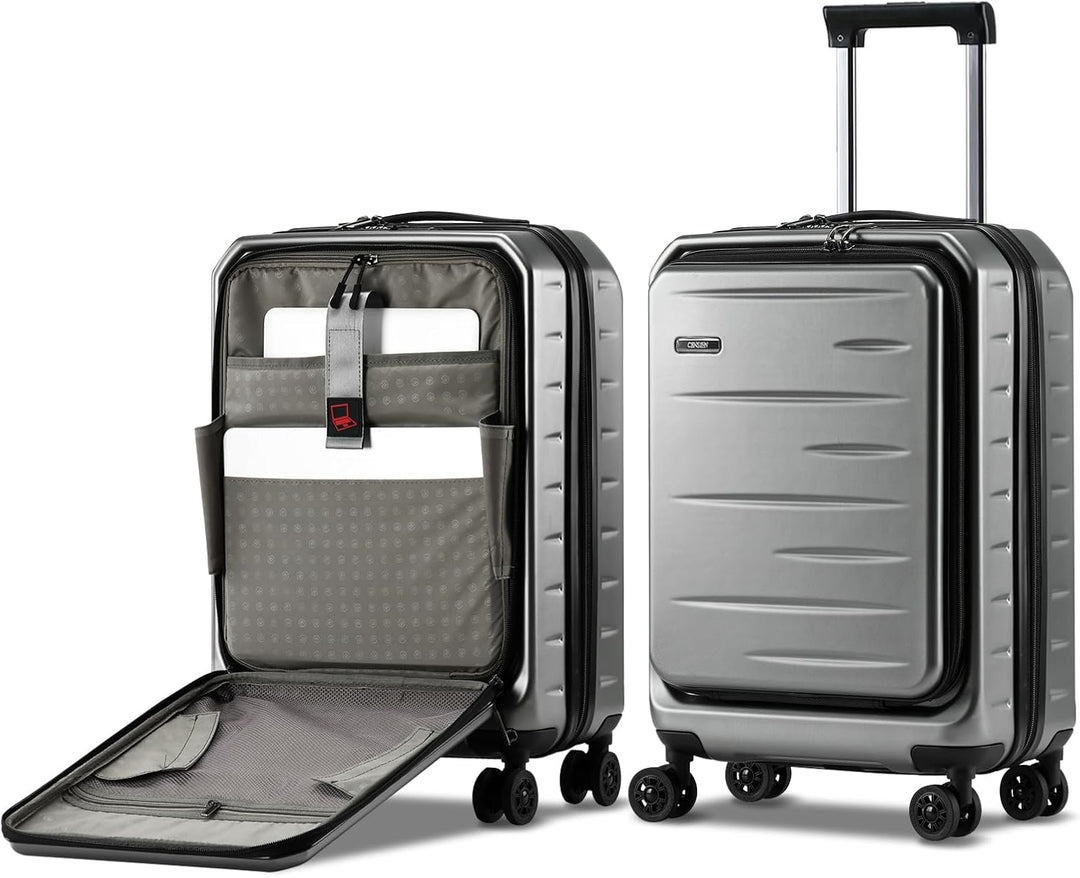 Robust hardshell travel carry-on, expandable, with an accessible front pocket & integrated TSA lock.