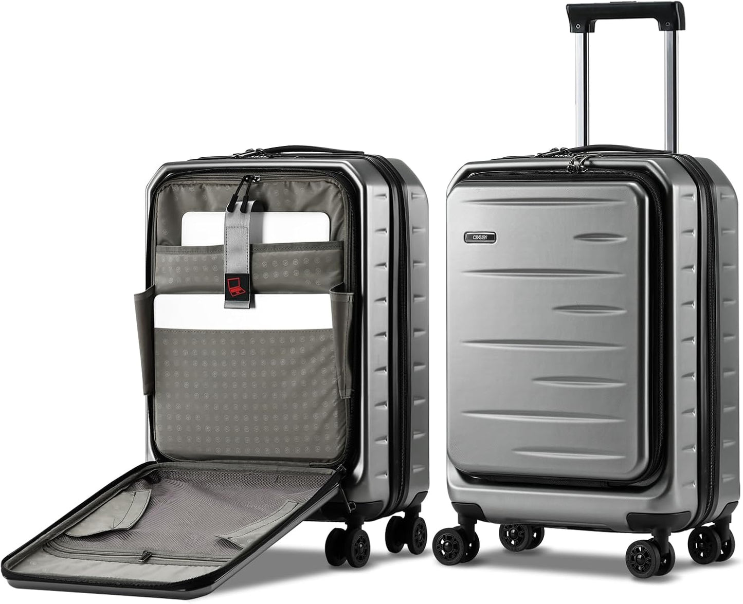 Robust hardshell travel carry-on, expandable, with an accessible front pocket & integrated TSA lock.