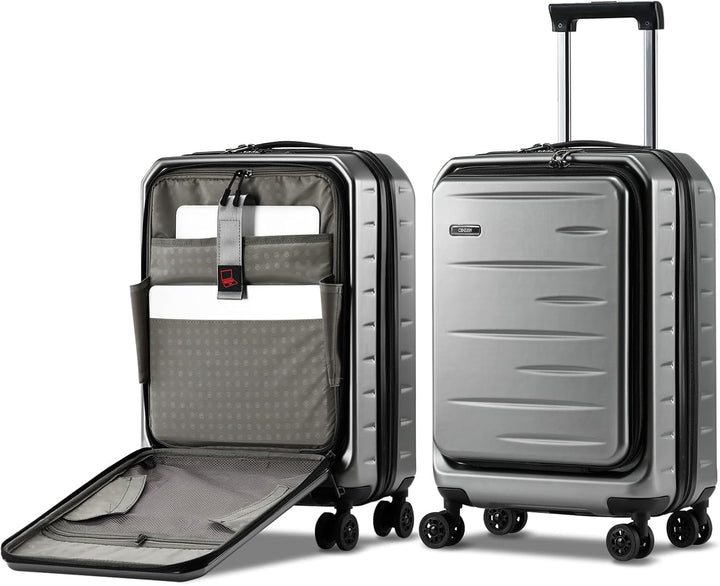 Robust hardshell travel carry-on, expandable, with an accessible front pocket & integrated TSA lock.