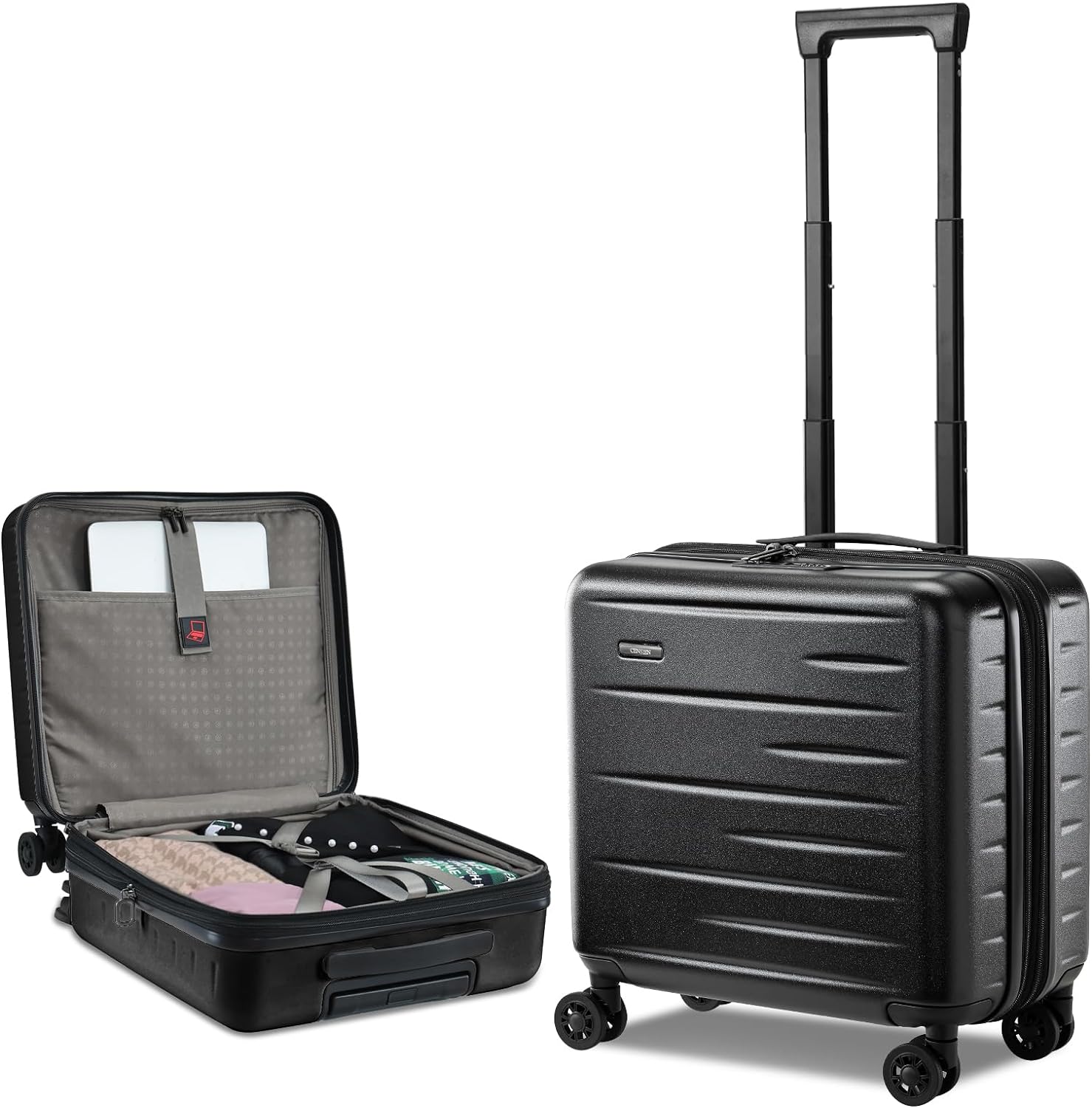 Smart unisex hardshell carry-on luggage featuring a front pocket, TSA lock & durable spinner wheels.