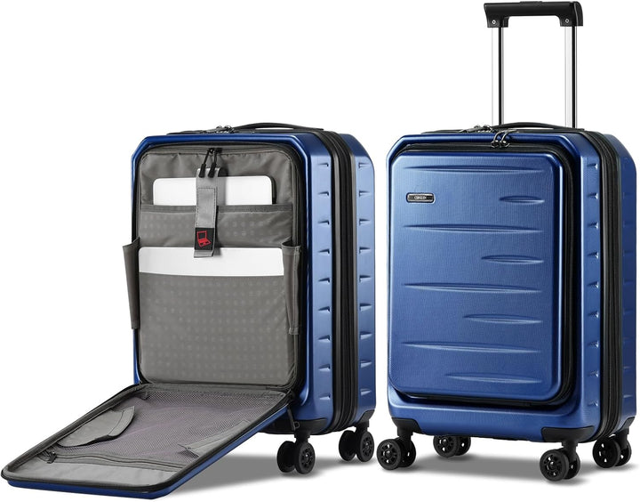 Efficient unisex hardshell carry-on for compact travel, with front pocket & secure TSA lock.