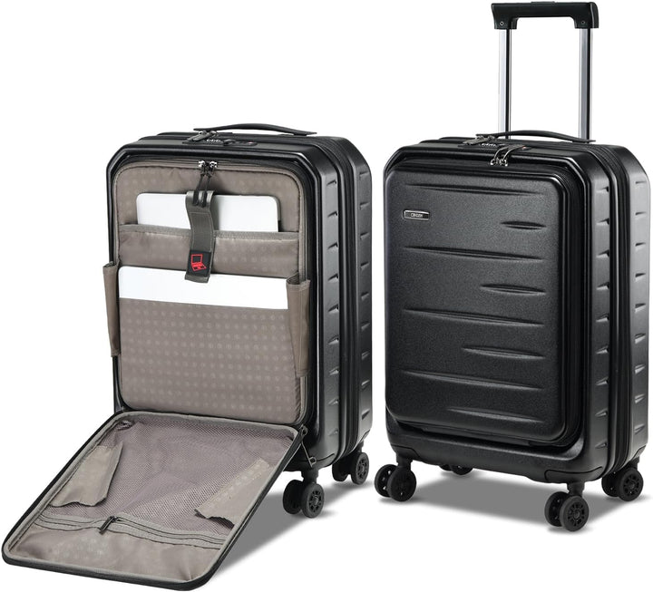 Versatile hardshell carry-on suitcase, expandable, with a front pocket & built-in TSA lock.